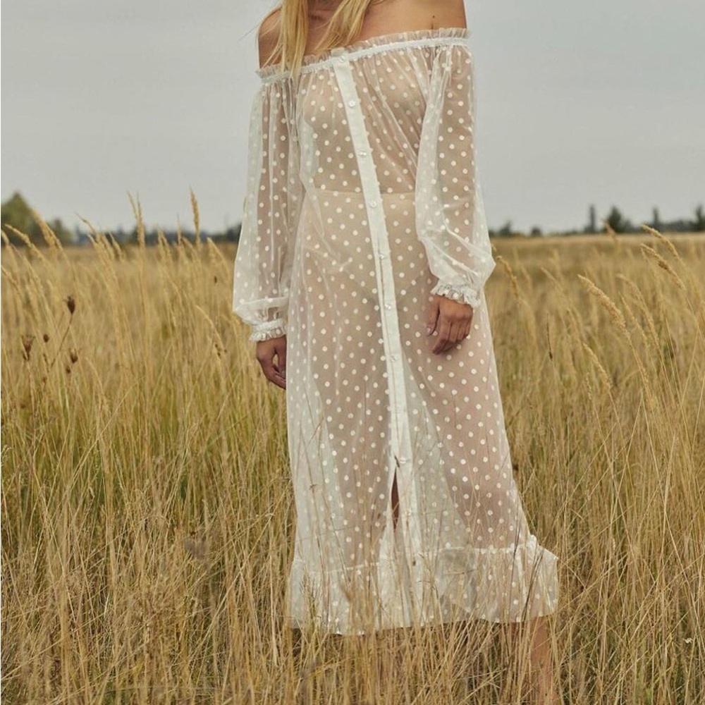 SLEEPER sheer off the shoulder dress